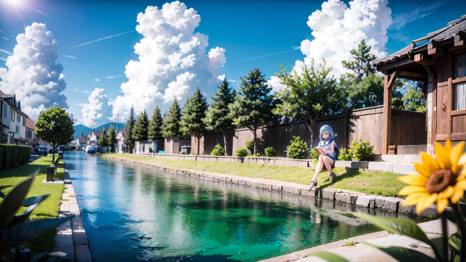 (masterpiece), town, blue sky, One girl, smile, alone, Sailor suit, Overgrown, petal, plant