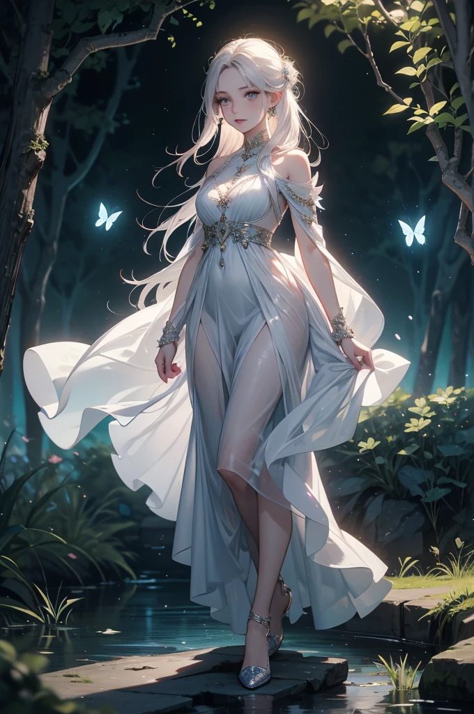 Full body shot of a magnificent woman with medium-length, wavy white hair and captivating lilac eyes. She wears an elegant, ethereal gown that flows around her, adorned with silver embroidery and delicate patterns that shimmer in the light. Her presence exudes grace and mystique, with an aura of enchantment surrounding her. She stands in an enchanted forest, with glowing flora and luminescent butterflies fluttering around her, casting a magical light. The ground beneath her is covered in soft, bioluminescent moss that adds a gentle glow to the scene. Surrounding her are ancient, towering trees with twisted branches, adding to the otherworldly atmosphere. The background features mystical ruins and a serene, moonlit lake, hinting at a place of ancient magic. The scene is serene and enchanting, with her face showing a serene and wise expression, her eyes filled with ancient knowledge. [Best quality], [Masterpiece], [Ultra-detailed], [4k], {serene|mystical} atmosphere, enchanted forest, {elegant pose|graceful stance}, magical illumination, {soft shadows|ethereal lighting}, {glowing flora:0.7}, {luminescent butterflies:0.6}, {mystical ruins:0.5}, {moonlit lake:0.4}, {ancient trees:0.3}.
