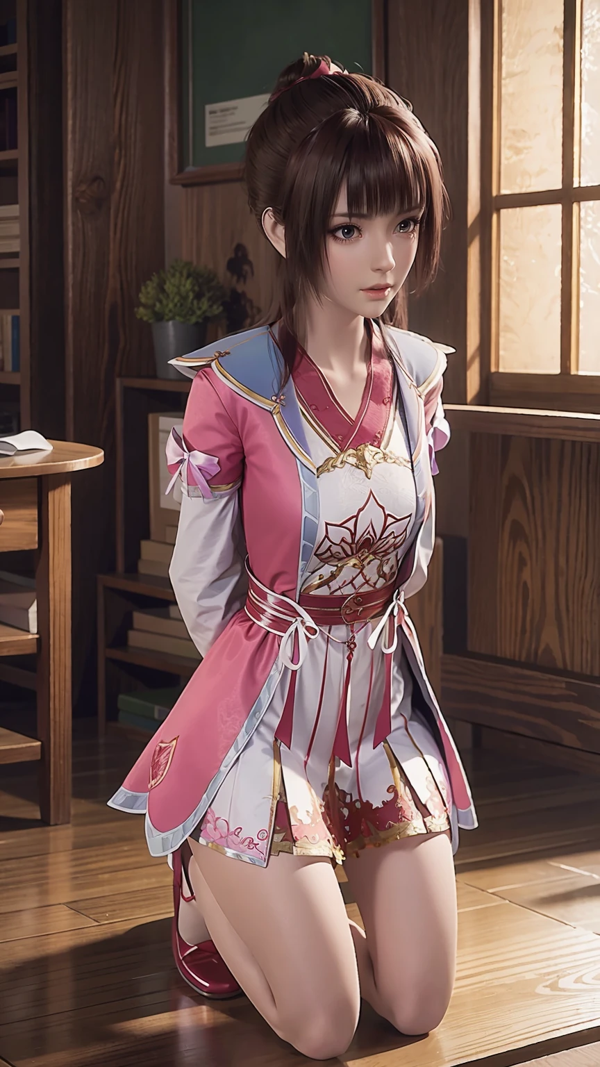 best quality,masterpiece,The Ultimate Solution,Fluffy,Extremely colorful,Mature beautiful woman,(Dress school uniform),Lace skirt,(Beautiful woman beheaded),Normal posture,(Kneeling),Kneeling on the bed,shackles,Beheading,collar,White stockings ,High heel,Normal posture