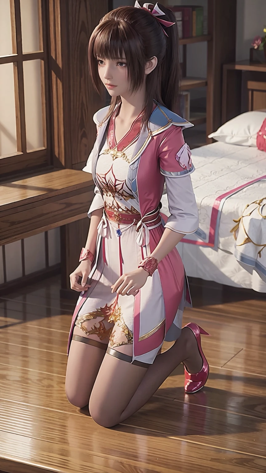 best quality，masterpiece，The Ultimate Solution，Fluffy，Extremely colorful，Mature beautiful woman，（Dress school uniform），Lace skirt，（Beautiful woman beheaded），Normal posture，（Kneeling），Kneeling on the bed，shackles，Beheading，collar，White stockings ，High heel，Normal posture