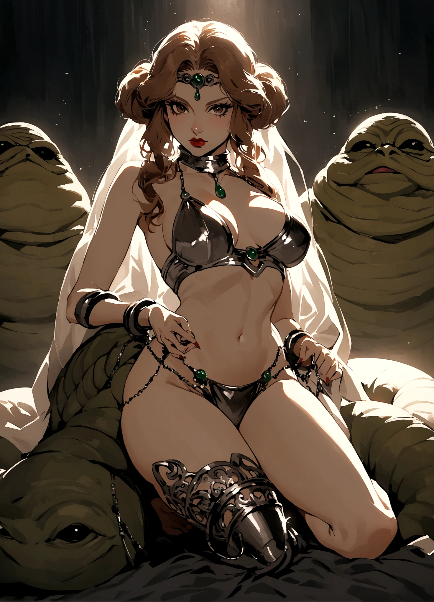 score_9, score_8_up, score_7_up, score_6_up, score_5_up, score_4_up, photorealistic, realistic, BREAK german_woman, white hair, blunt bangs, medium hair, seductive, embarrassed, dancer, chain leash, collar, cowboy shot, looking at viewer, arms behind back, jabba the hutt, monster, exposed large , stage, stage lights, high-saturation