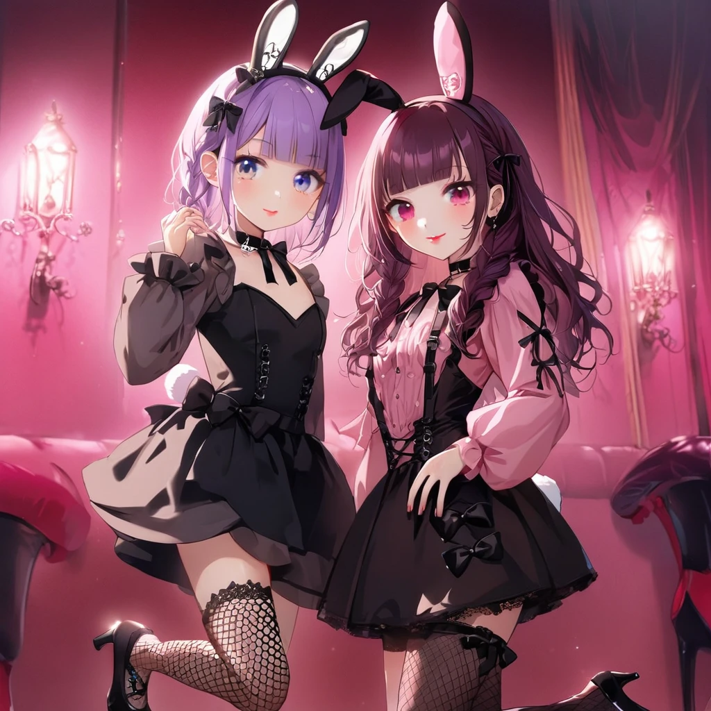 (kissig 2girls:1.5), (Twin girls, the same face, the same hairstyle, the same eyes, only different outfits,:1.5).2girls with closs hair pin,pale purple hair,wavy two braids,blunt bangs hair,green and black eyes,(one girl is wearing 
pink shirt,cosplay, jirai kei, bangs, black skirt, black bow, looking at viewer, bow, long sleeves, choker, ribbon,pink lips, :1.4),(other girl is wearing red lips,Black bunny girl costume, red high heels,High leg, fishnet stockings, white bunny tail, black bunny ears, front view:1.4 ), (masterpiece:1.3), anime visual, (Lovey-dovey:1.5), (tilt head:1.3), extremely delicate face, soft clean focus, realistic lighting and shading, (an extremely delicate and beautiful art:1.3), elegant, (muted colors:1.1), small breast,slim,The Moulin Rouge in Paris, mysterious pink light, a slightly dark room,loo,smiling,night lit,