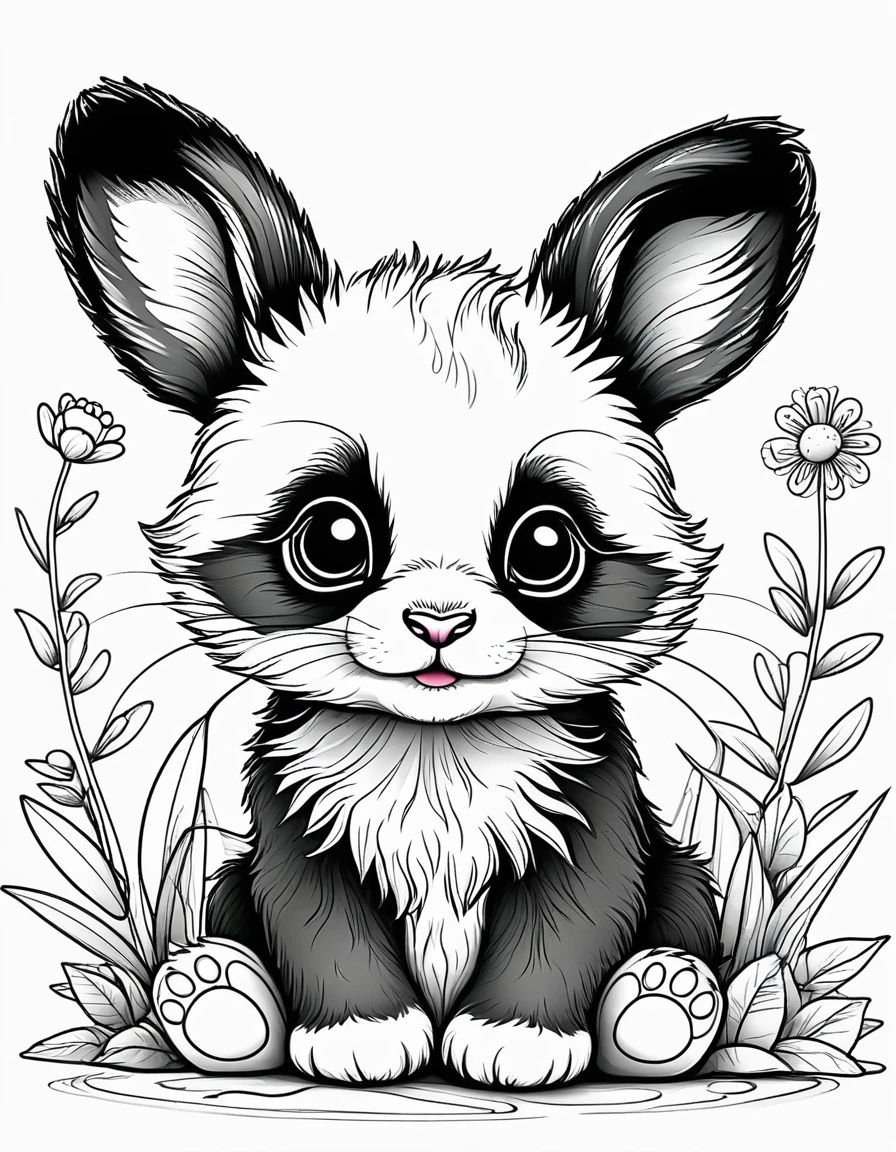 Create a series of black and white line art images of adorable animals for coloring, including baby pandas, fluffy kittens, playful puppies, and curious bunnies.