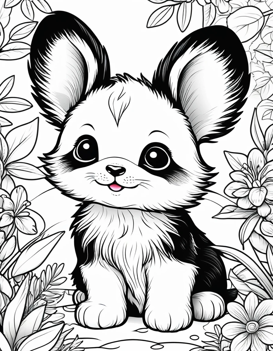 Create a series of black and white line art images of adorable animals for coloring, including baby pandas, fluffy kittens, playful puppies, and curious bunnies.