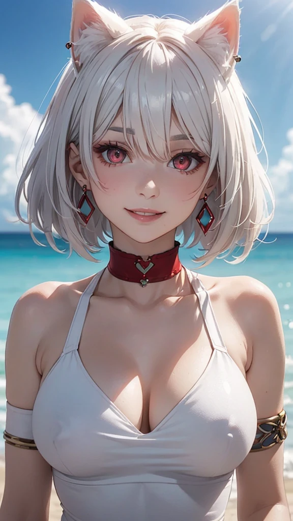 High quality Best quality 8k Lady (I am) Portrait White swimsuit ((Blanche)) Cat ears Short hair ((Shortcut)) (Gray hair) (Perm) (Fluffy)) ((shining red eyes)) (Red cheeks)) See here Very large breasts Smile Choker, earrings, (bracelets on) (upper body) (daytime) (summer beach)