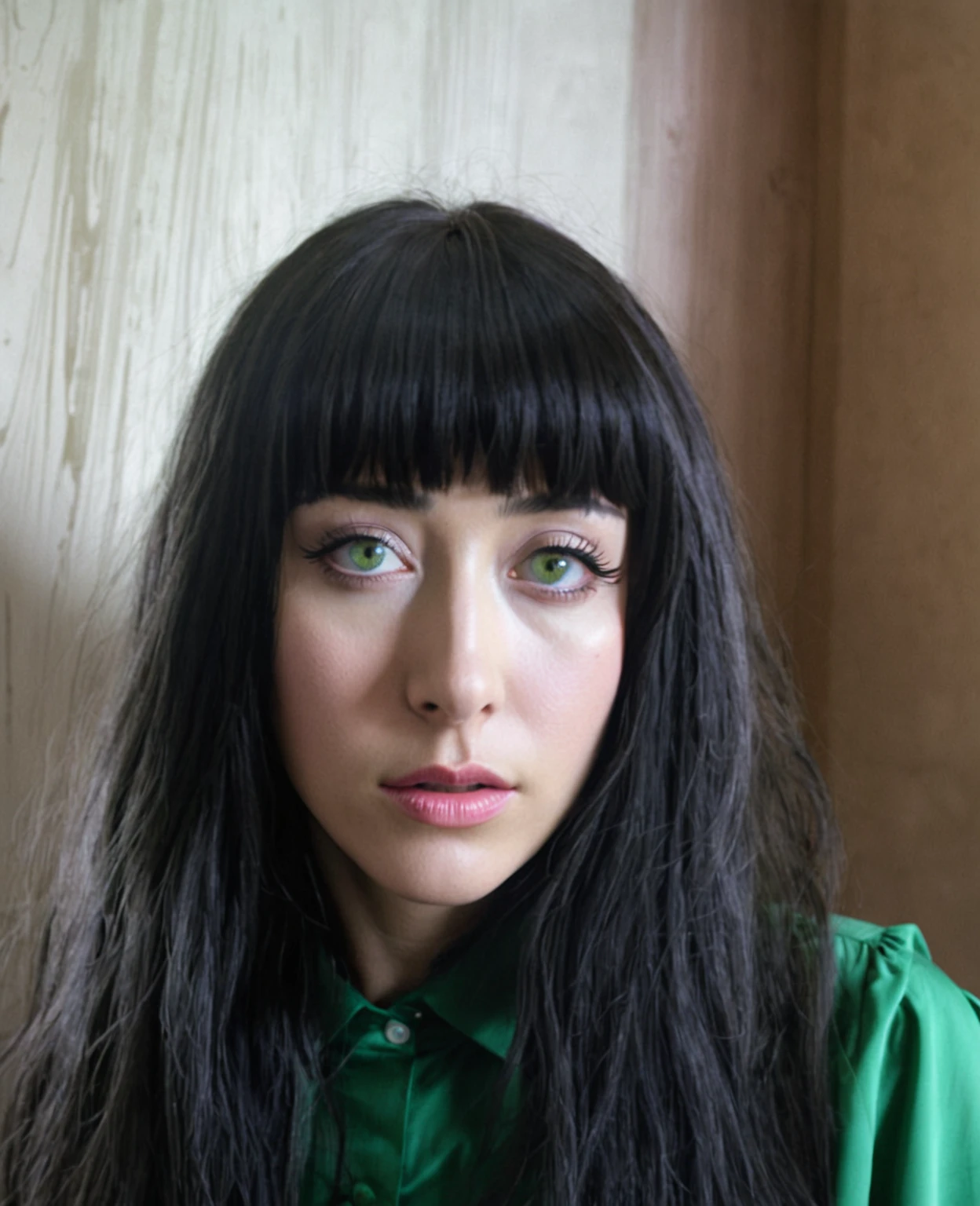 mulher arafada com longos cabelos pretos e camisa verde posando para uma foto, cabelo preto e olhos grandes, inspirado em Cindy Sherman, rosto extremamente realista, rosto hiper realista, rosto ultra realista, ela tem cabelo preto com franja, Inspirado em Junji Ito, rosto muito realista, inspirado em Hannah Frank, com olhos negros de esclera, inspirado em Miwa Komatsu