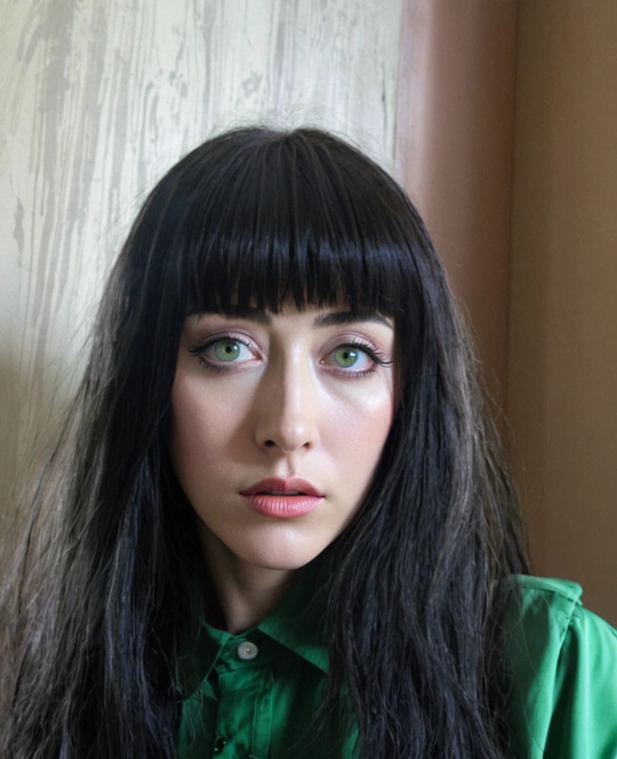 mulher arafada com longos cabelos pretos e camisa verde posando para uma foto, cabelo preto e olhos grandes, inspirado em Cindy Sherman, rosto extremamente realista, rosto hiper realista, rosto ultra realista, ela tem cabelo preto com franja, Inspirado em Junji Ito, rosto muito realista, inspirado em Hannah Frank, com olhos negros de esclera, inspirado em Miwa Komatsu