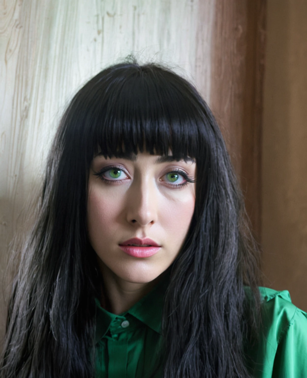 mulher arafada com longos cabelos pretos e camisa verde posando para uma foto, cabelo preto e olhos grandes, inspirado em Cindy Sherman, rosto extremamente realista, rosto hiper realista, rosto ultra realista, ela tem cabelo preto com franja, Inspirado em Junji Ito, rosto muito realista, inspirado em Hannah Frank, com olhos negros de esclera, inspirado em Miwa Komatsu