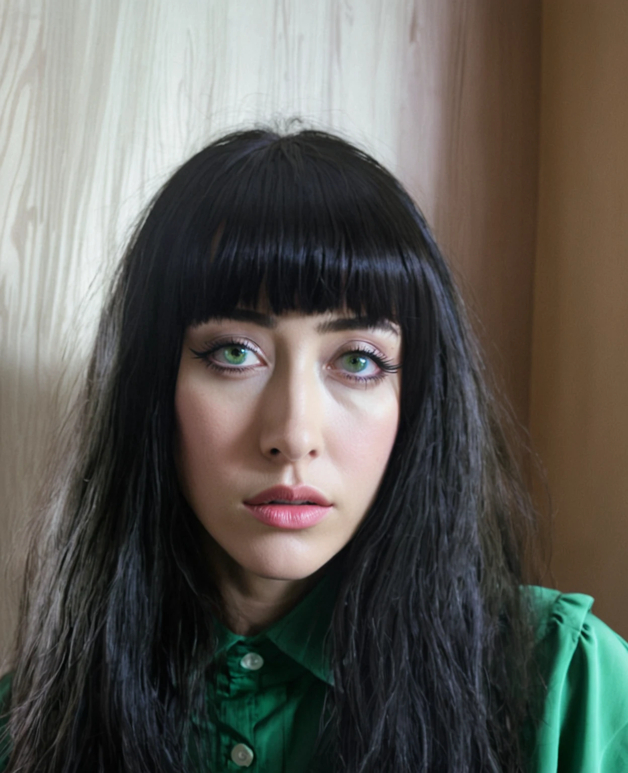 mulher arafada com longos cabelos pretos e camisa verde posando para uma foto, cabelo preto e olhos grandes, inspirado em Cindy Sherman, rosto extremamente realista, rosto hiper realista, rosto ultra realista, ela tem cabelo preto com franja, Inspirado em Junji Ito, rosto muito realista, inspirado em Hannah Frank, com olhos negros de esclera, inspirado em Miwa Komatsu