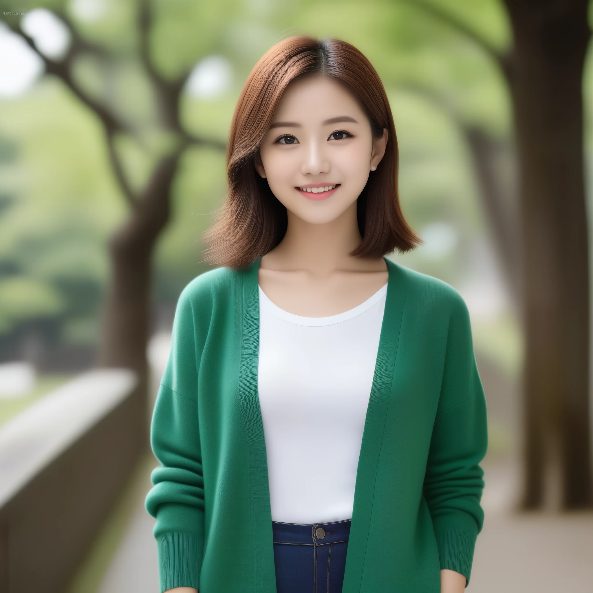 8k, Ultra-high resolution, Highest quality, masterpiece, 三分割法によるphotograph,Surreal, photograph, 1 girl, (16 years old:1.3), pretty girl, Cute face, Beautiful eyes in every detail, 細かくdetailedに,masterpiece,, One Girl:1.2, Japan Female Announcer,Young Wife,Urban area,street tree,green,White shirt,cardigan,Summer knitwear,Full of cleanliness,A carefree smile,Healing the heart,Looking at the audience、beauty,Long neck、Laugh a little、Please close your mouth and laugh、(((Ideal body type))),A-cup small breasts :2,、Portraiture:2、Perfect Anatomy、鮮明なdetailed、detailed、Surreal、Light and shadow,Strong light 