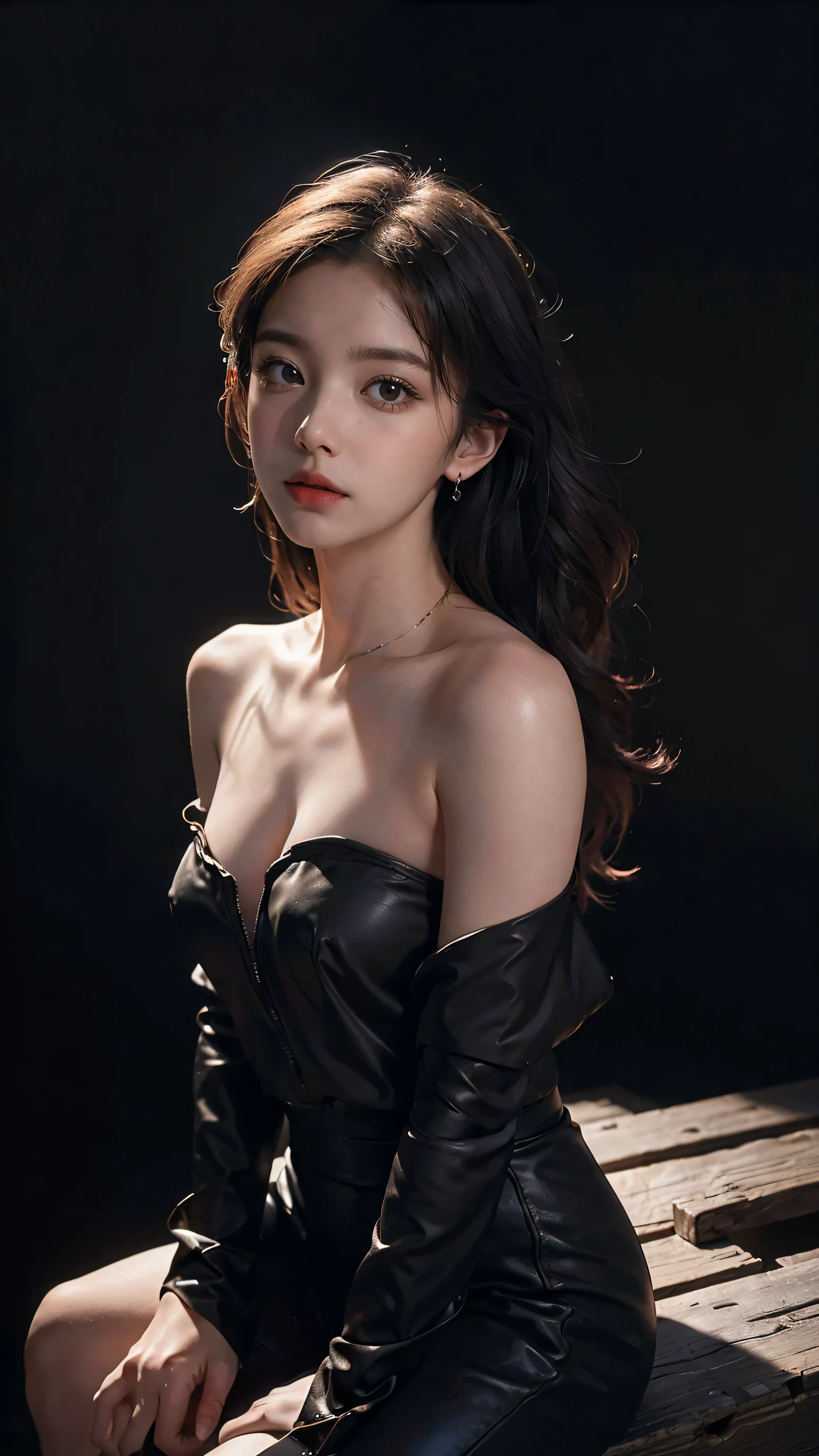 Best quality, masterpiece, ultra high res, (photorealistic:1.4), raw photo, 1girl, offshoulder, in the dark, deep shadow, low key, cold light, detailed skin