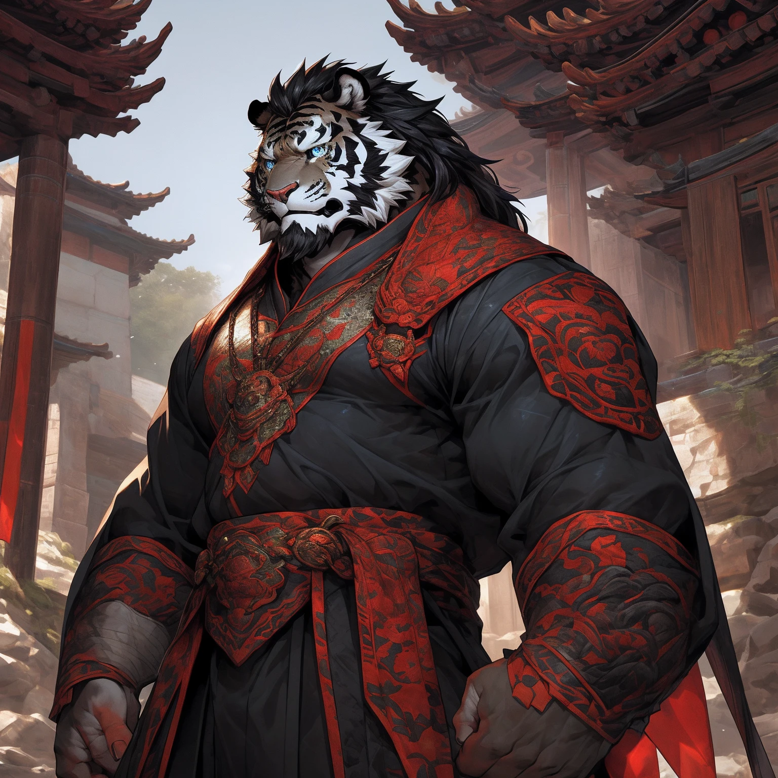 (黑色tiger),(黑色General战袍),Holding a sword,Powerful gesture,Stand confidently and proudly,(边塞Great Wall与沙漠戈壁为背景:1.2.Great Wall),abdominal muscles,Heroic Stance飒爽,完美的masterpiece,Various facial details,Long-term perspective,specific description,masterpiece,CG,(Light blue eyes),Light black pattern,Black tail,General,Heroic Stance,tiger,Black fur,Specific facial details,Half Body,(黑炭General战履),(Chang Ling),((middle aged)),(Face Focus),(16K),HD,Red and white belly,temple,beard,(Face line),Different students,(Black shirt),(Light black hair),Strong,muscle,(high resolution:1.3),Chinese style general holding a long sword,Looking into the distance