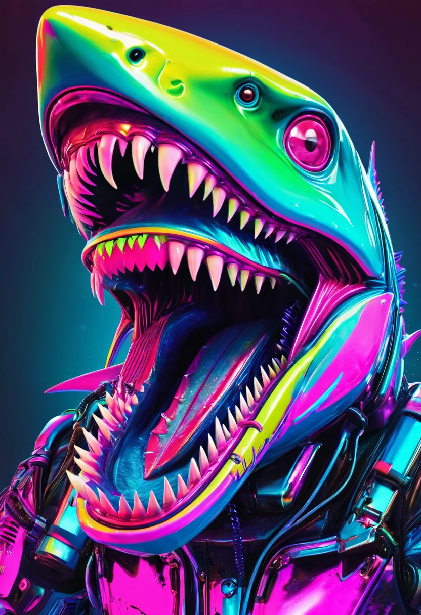 peixe colorido peixe tubarão zombie robot metal big dangerous shark jaws color synthwave neon retro