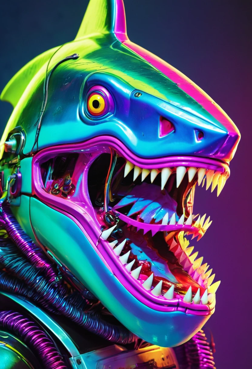 peixe colorido peixe tubarão zombie robot metal  big dangerous shark jaws  color synthwave neon retro