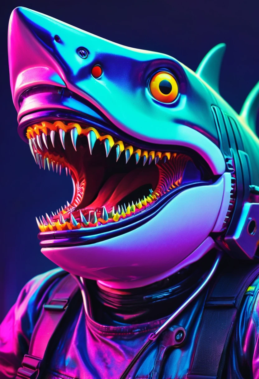 peixe colorido peixe tubarão zombie robot metal big dangerous shark jaws color synthwave neon retro