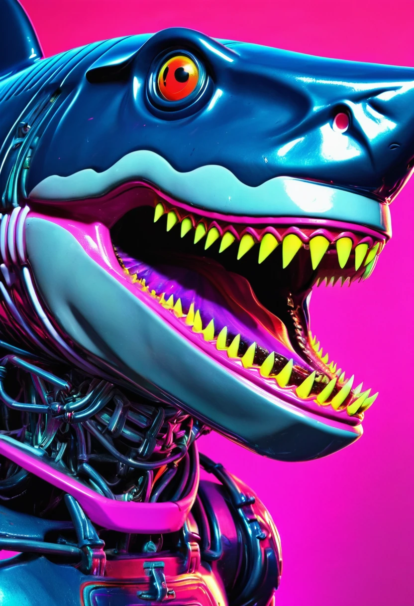 peixe colorido peixe tubarão zombie robot metal big dangerous shark jaws color synthwave neon retro