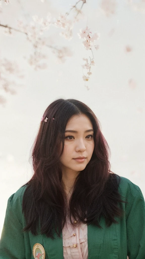 Japan woman standing under cherry blossoms, Anime girl cosplay, flowing sakura silk, sakura petals around her, cosplay foto,Beautuful Women,Black hair fluttering in the wind,Mystical,Tarot Cards,fortune teller,Light pink hair