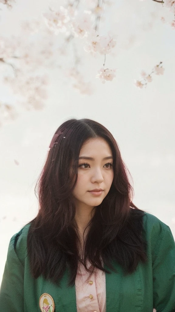 Japan woman standing under cherry blossoms, Anime girl cosplay, flowing sakura silk, sakura petals around her, cosplay foto,Beautuful Women,Black hair fluttering in the wind,Mystical,Tarot Cards,fortune teller,Light pink hair