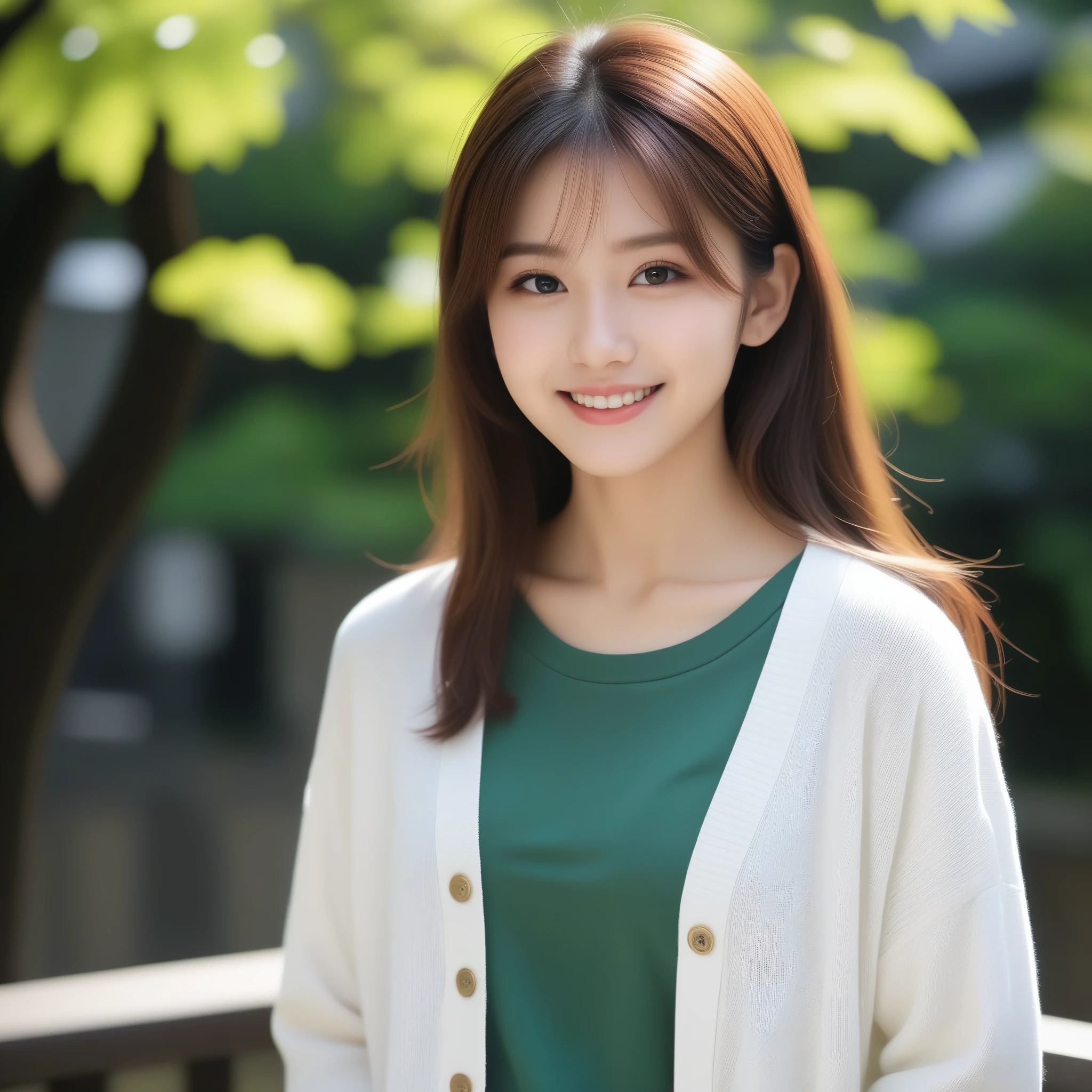 8k, Ultra-high resolution, Highest quality, masterpiece, 三分割法によるphotograph,Surreal, photograph, 1 girl, (16 years old:1.3), pretty girl, Cute face, Beautiful eyes in every detail, 細かくdetailedに,masterpiece,, One Girl:1.2, Japan Female Announcer,Young Wife,Urban area,street tree,green,White shirt,cardigan,Summer knitwear,Full of cleanliness,A carefree smile,Healing the heart,Looking at the audience、beauty,Long neck、Laugh a little、Please close your mouth and laugh、(((Ideal body type))),A-cup small breasts :2,、Portraiture:2、Perfect Anatomy、鮮明なdetailed、detailed、Surreal、Light and shadow,Strong light