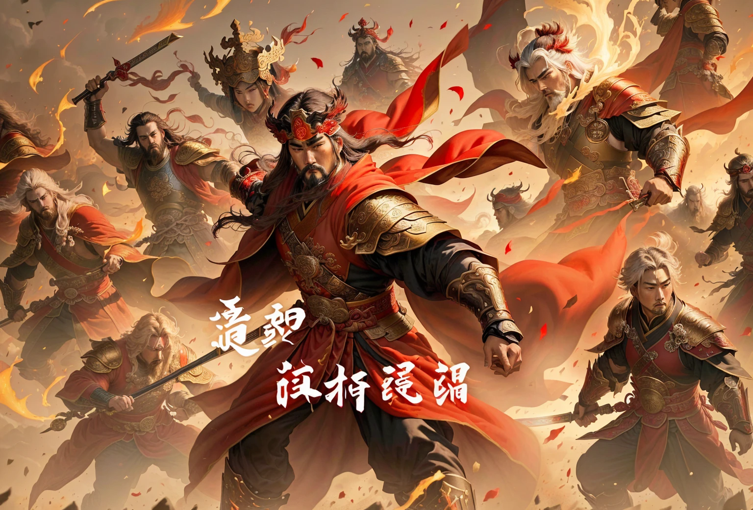 There are many people in red capes and red robes in the painting., China Three Kingdoms, Emperor Xuande, xianxia hero, chinese warrior, Inspired by Zhang Wo, Guan Yu, zhao yun, from three kingdoms, g liulian art style, inspired Emperor Xuande, author:Yang J, Inspired by Lee Jung-jin