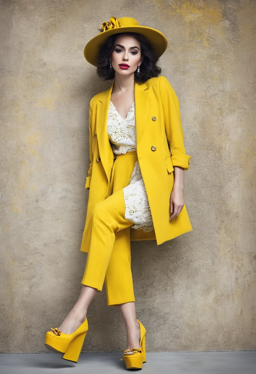 Beautiful woman, unique artsy style, full length, real , accessory, shoes , yellow