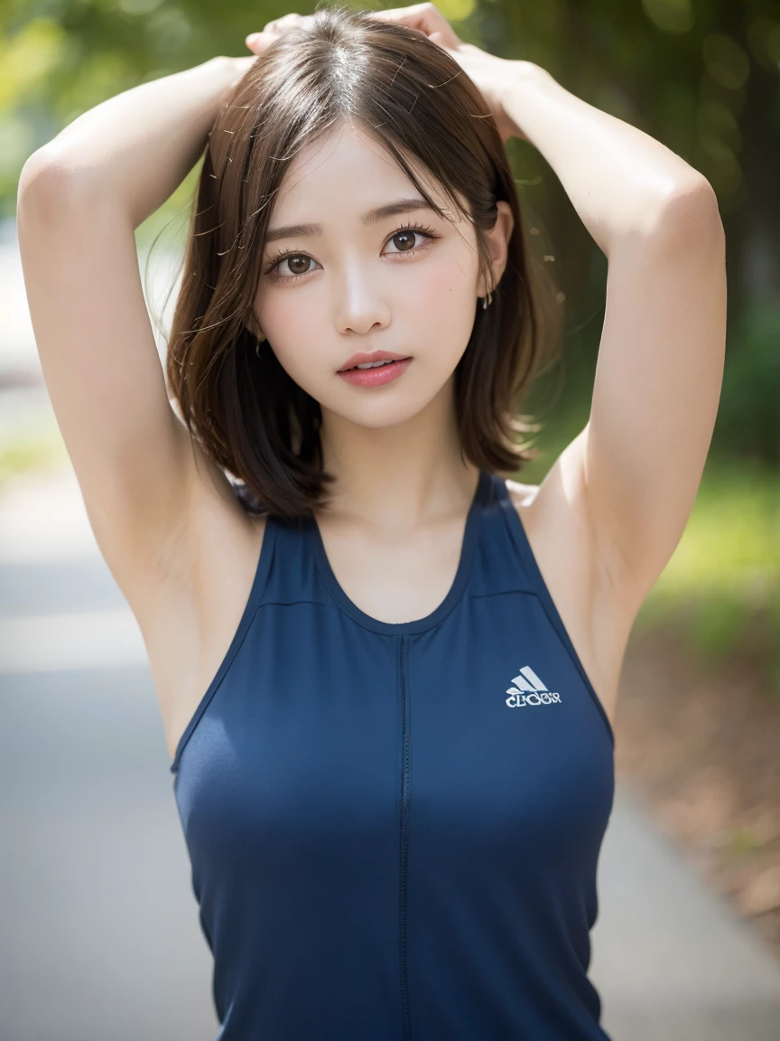 Tabletop, Highest quality, Photorealistic, In detail, High resolution, 8k wallpaper, Perfect dynamic composition, Beautiful attention to detail, Medium short wavy hair,Grey training wear、Sweaty body、Breast bulge、Yoga poses、Beautiful armpits、Laughter、Bokeh、nature、Wooden floor、Age 25、(Droopy Eyes 1.3)、Adult Beauty、Japanese、Highly detailed fingers, fullbody, whole body