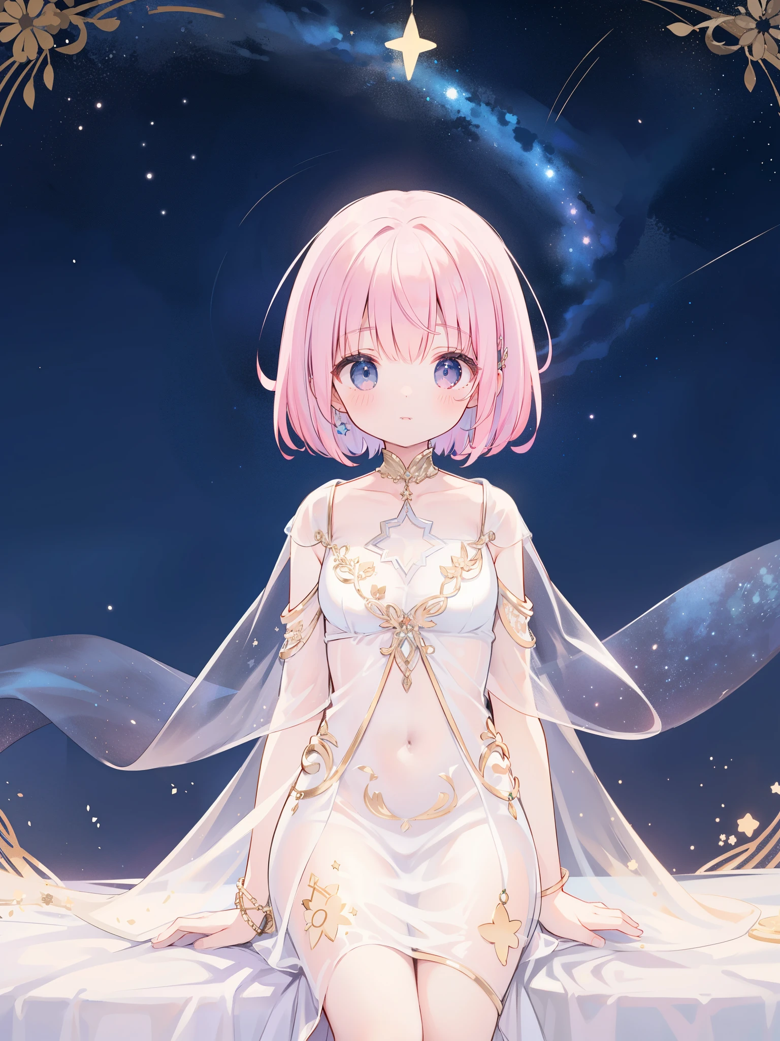 complex background, wishing star background, a woman wearing an ethereal mystical pink translucent dress that reflects the stars, dreamy, peaceful, serene composition, glowing stars, glowing, mystic, complex drawing, highly detailed, ethereal, starry night, midjourney style