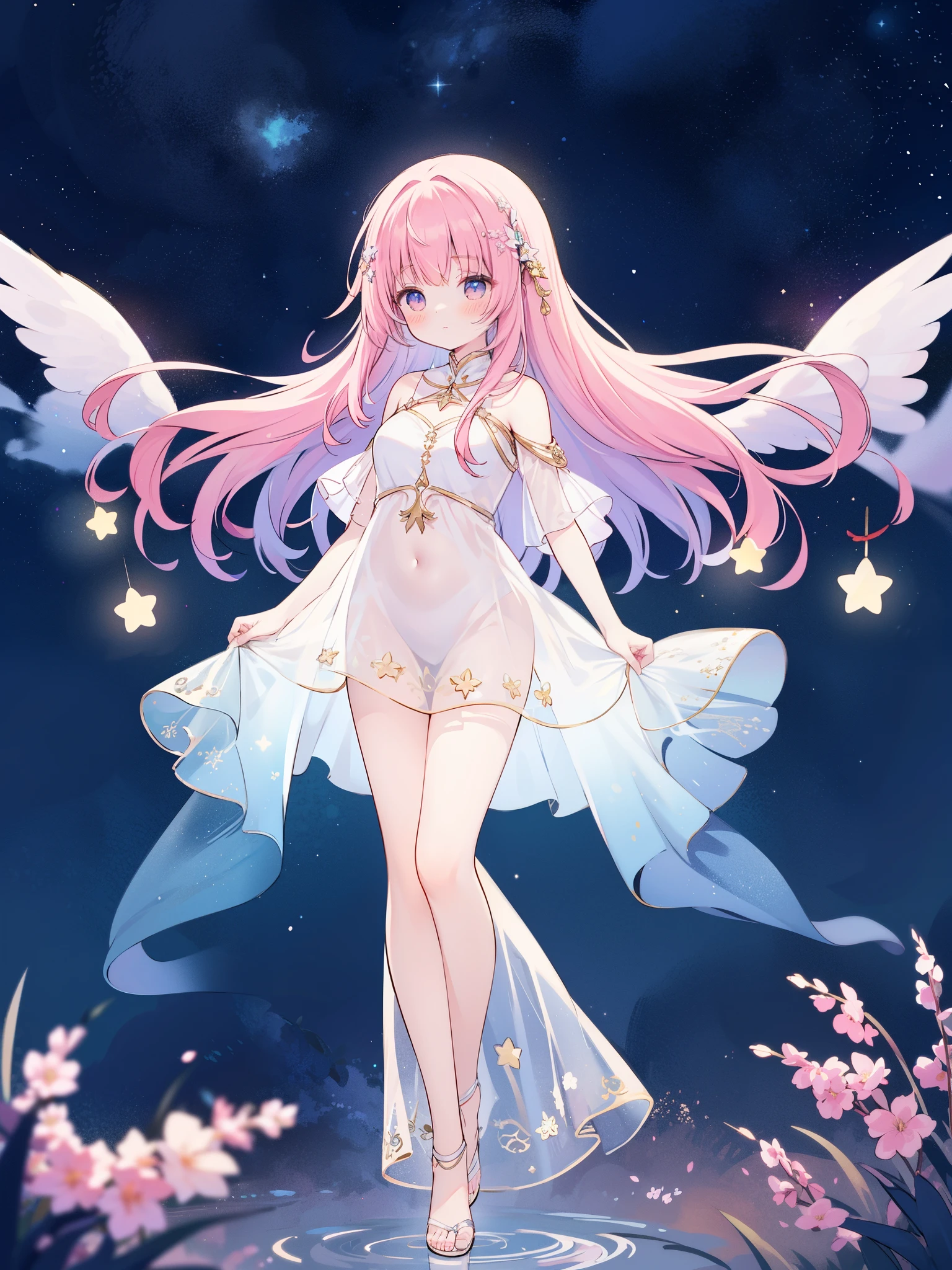 complex background, wishing star background, a woman wearing an ethereal mystical pink translucent dress that reflects the stars, dreamy, peaceful, serene composition, glowing stars, glowing, mystic, complex drawing, highly detailed, ethereal, starry night, midjourney style