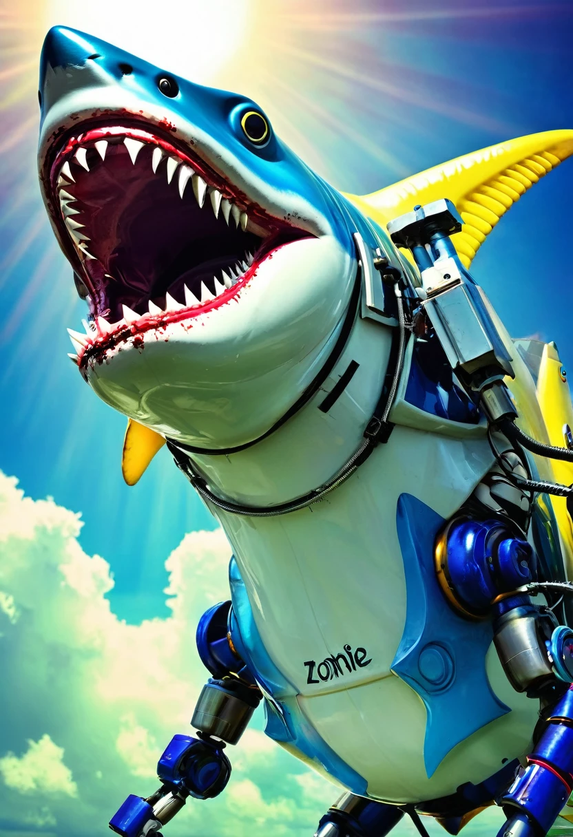 peixe colorido peixe tubarão zombie robot metal  big dangerous shark jaws  color heavenly sunshine beams divine bright soft focus holy in the clouds heavenly sunshine beams divine bright soft focus holy in the clouds 