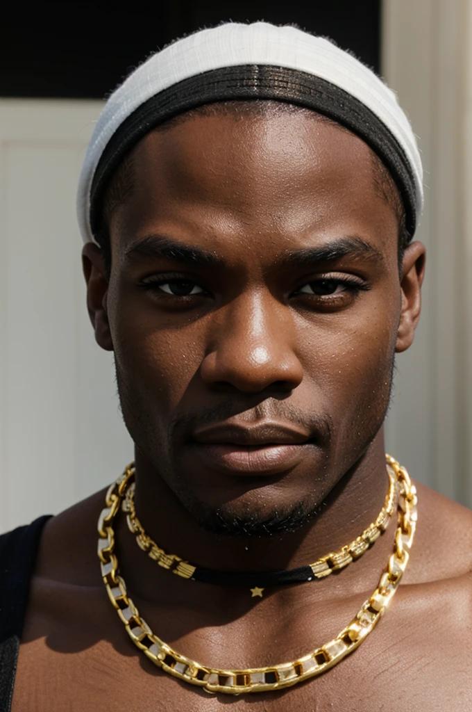 BLACK MAN, BLACK BANDANA, WHITE TANK TOP, GOLD CHAIN, FACE FRONT, BRIGHT FACE, BLACK MAN, CLOSE UP FACE, ZOOM FACE, LIGHT FACE