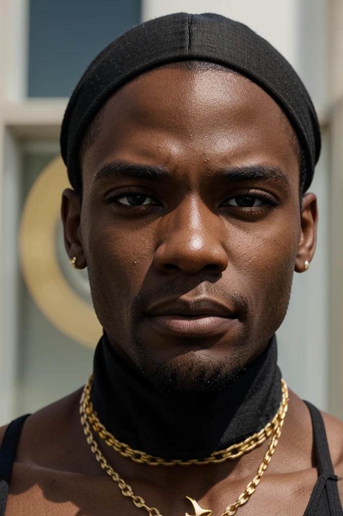 BLACK MAN, BLACK BANDANA, WHITE TANK TOP, GOLD CHAIN, FACE FRONT, BRIGHT FACE, BLACK MAN, CLOSE UP FACE, ZOOM FACE, LIGHT FACE