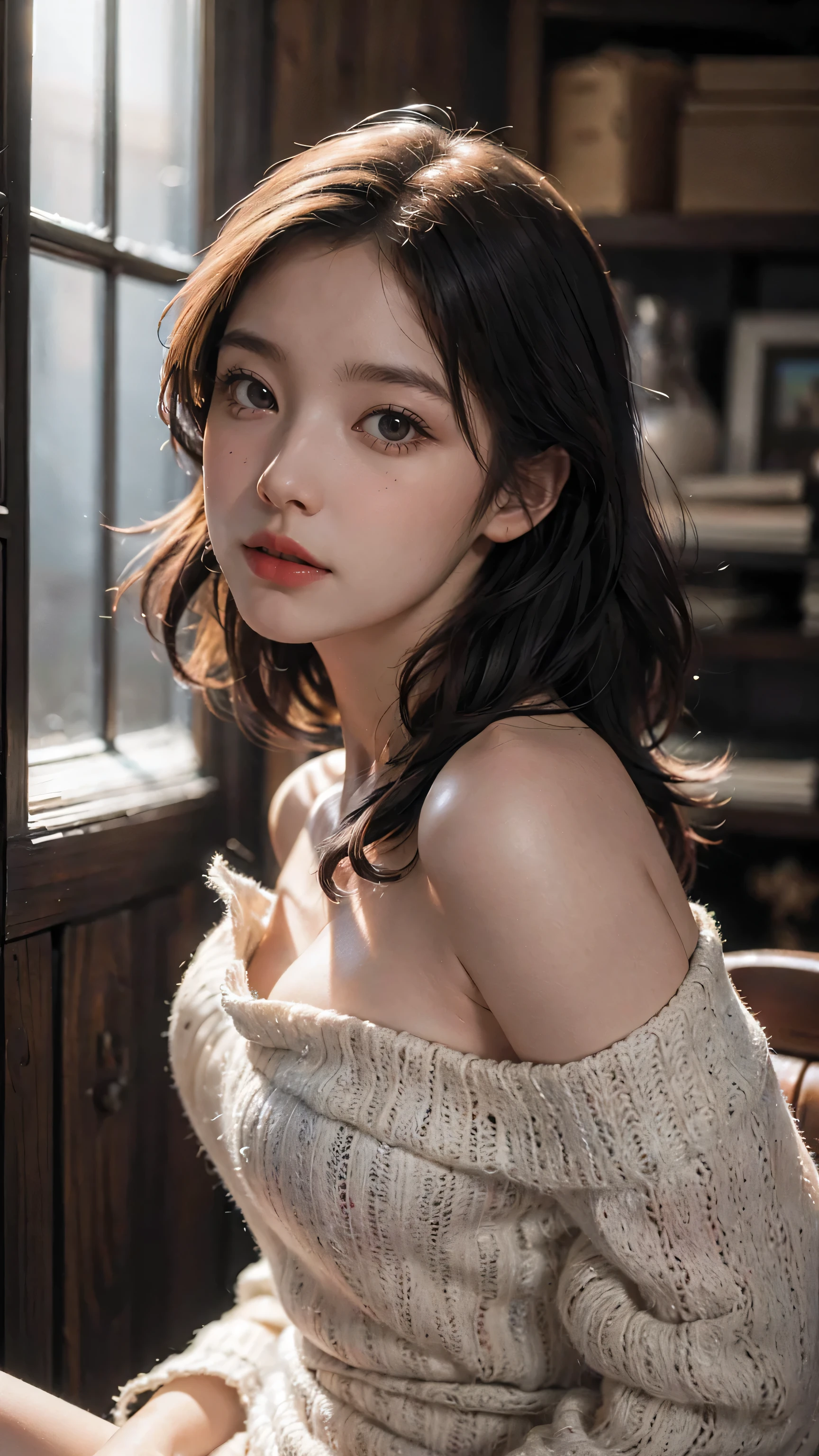 Best quality, masterpiece, ultra high res, (photorealistic: 1.4), raw photo, 1girl, off shoulder, cinematic lighting, kissing poses, heterochromia