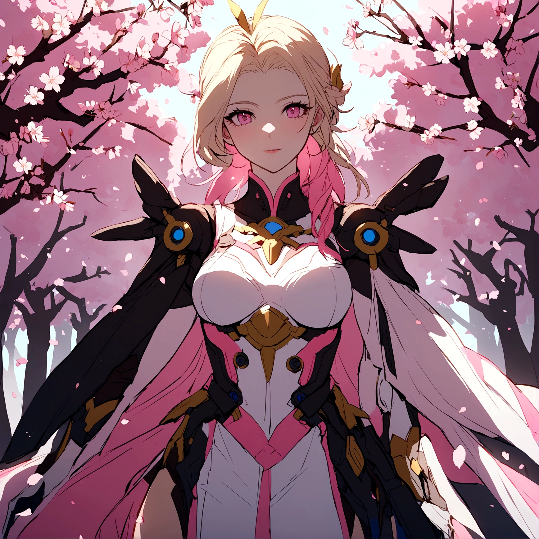 Pink mercy from overwatch surrounded by cherry blossoms