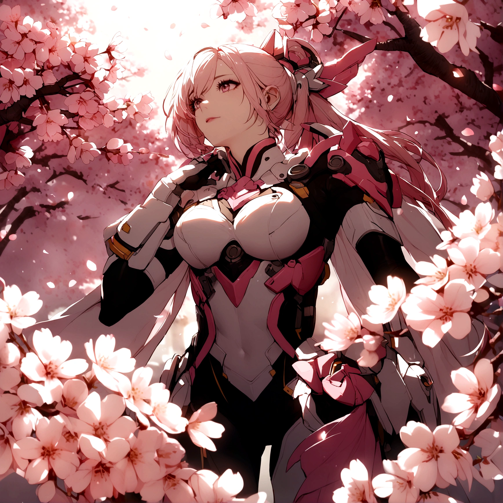 Pink mercy from overwatch surrounded by cherry blossoms