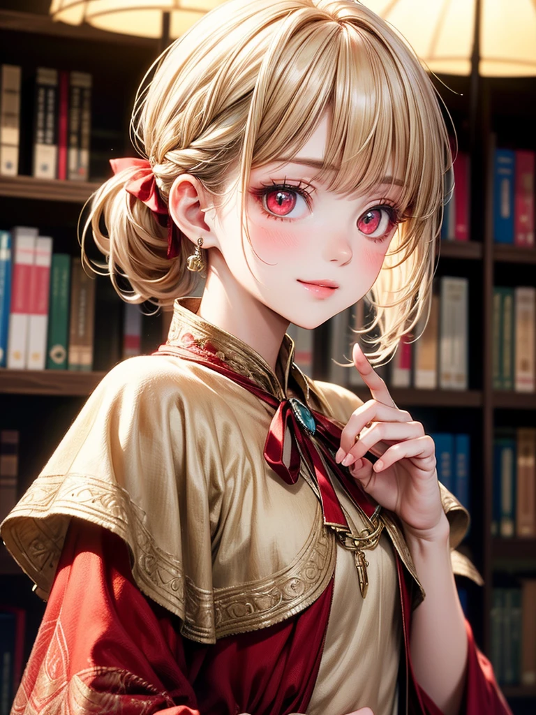 (masterpiece),(highest quality:1.2),((Perfect Anatomy)),(Perfect Fingers:1.3),(1 girl),(Flat Chest),highest quality,Blonde ponytail,Blunt bangs,(From the side),(Glancing sideways),Beautiful and detailed red eyes,Beige Capelet Fashion,in library,Disappointed,pastel tones,soft cinematic lighting,Bokeh,Captivating smile