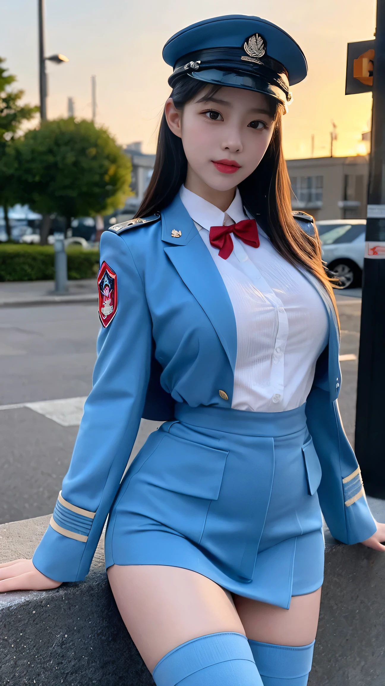 最high quality, masterpiece, 32k、Very detailed、Realistic、1 girl, Japanese women、Light blue military uniformのコスチューム、High-grade, futuristic, sexy costume, Light blue military uniform、US Army military uniform hat、Light blue military uniform、class seal、Wearing a light blue military uniform hat(military officer uniform hat), Cute face, (photo Actual:1.3),Edge lighting, (Skin with attention to detail:1.2), 8k超High resolution, Single-lens reflex camera, high quality, High resolution, 4K, 8k, Optimal ratio of four fingers to one thumb, (Actual:1.3), cute 1 girl, Realistic、Super Realistic、32k、Very detailed、masterpiece, 最high quality, beautiful girl, beauty、Gorgeous girl, Big Breasts, Big Ass, Narrow waist, Leg spread, Plenty of facial detail, City of the Future, Super detailed, High resolution, masterpiece, high quality, High resolution,