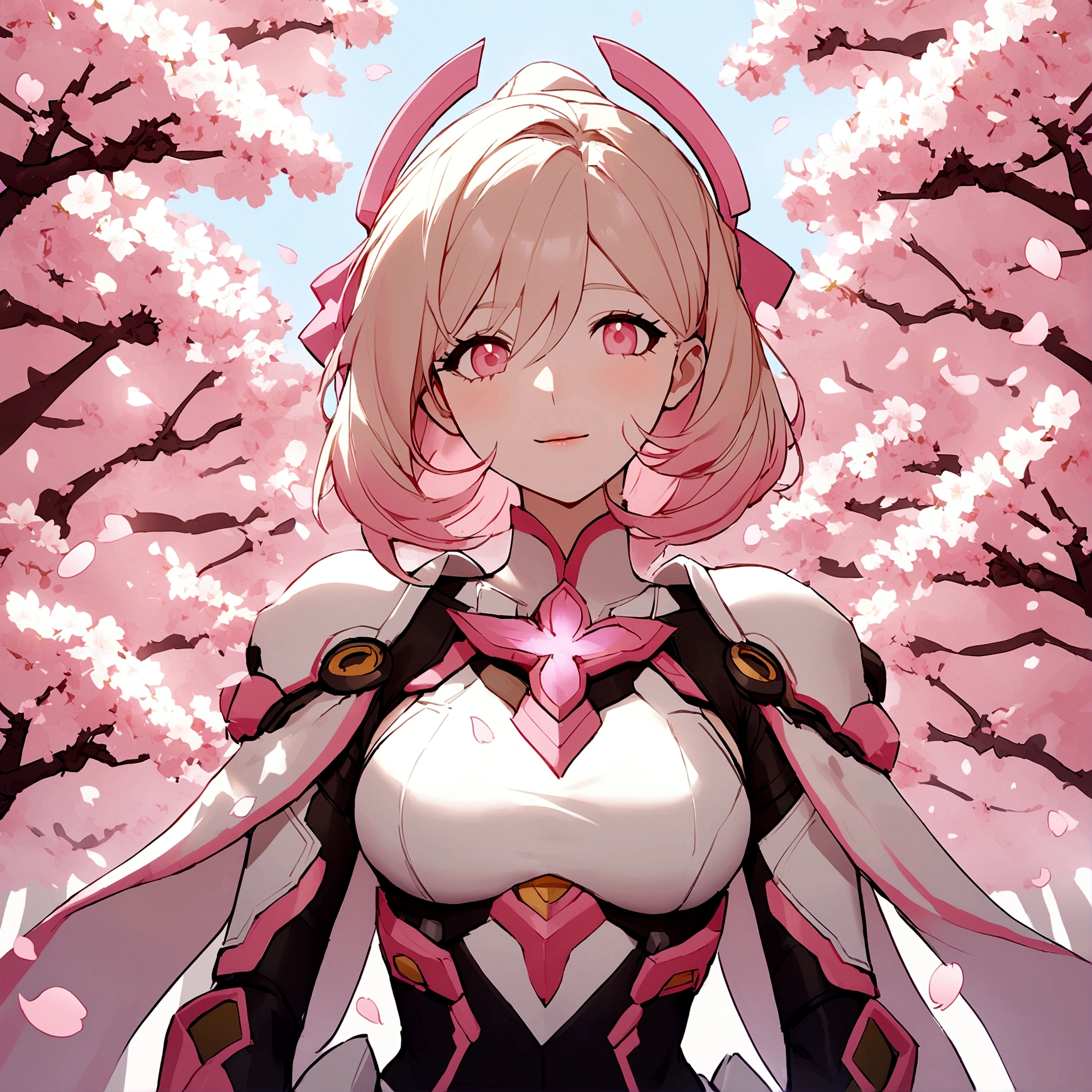 Pink mercy from overwatch surrounded by cherry blossoms