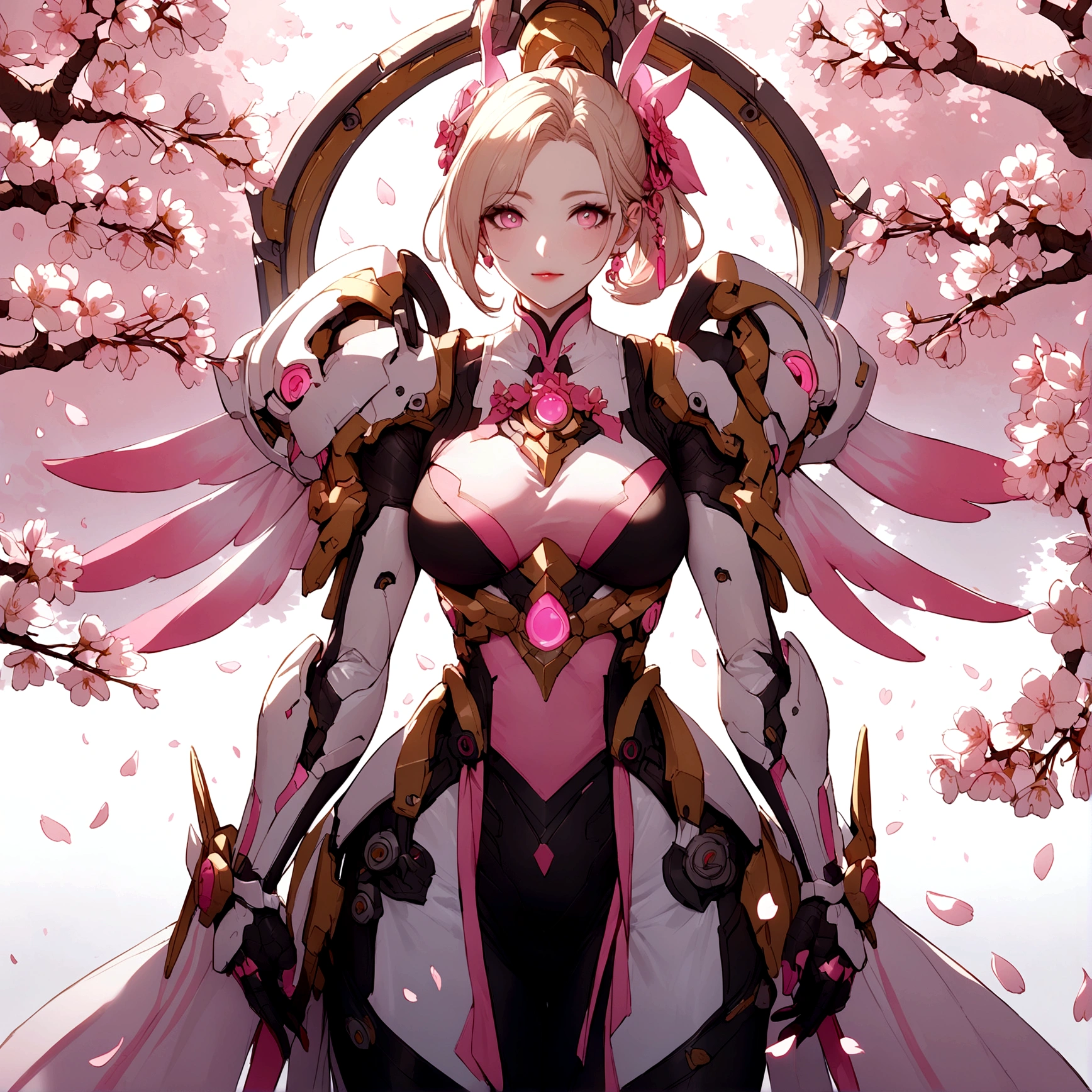 Pink mercy from overwatch surrounded by cherry blossoms