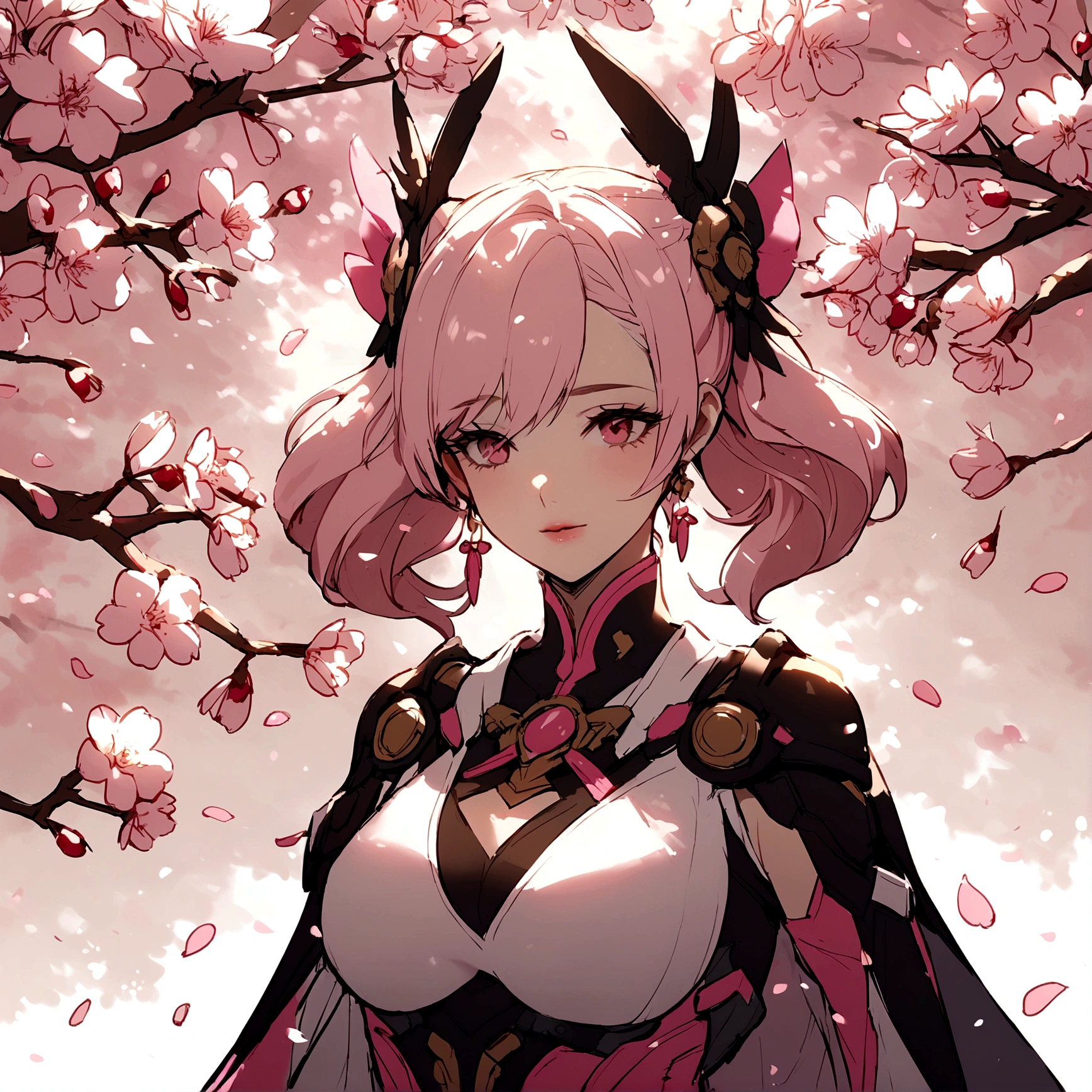 Pink mercy from overwatch surrounded by cherry blossoms