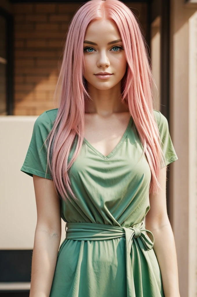 A woman with waist-length pink hair and green eyes.