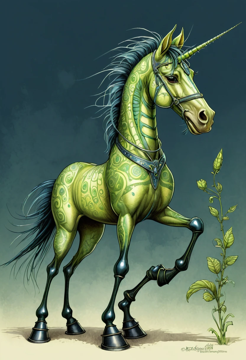 An illistration of a horse with grasshopper legs in style of Tony Diterlizzi.