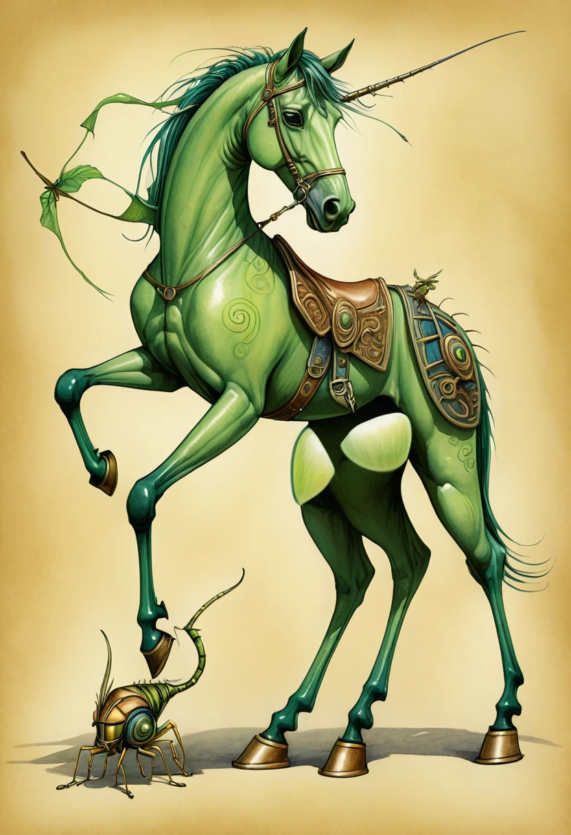 An illistration of a horse with grasshopper legs in style of Tony Diterlizzi.