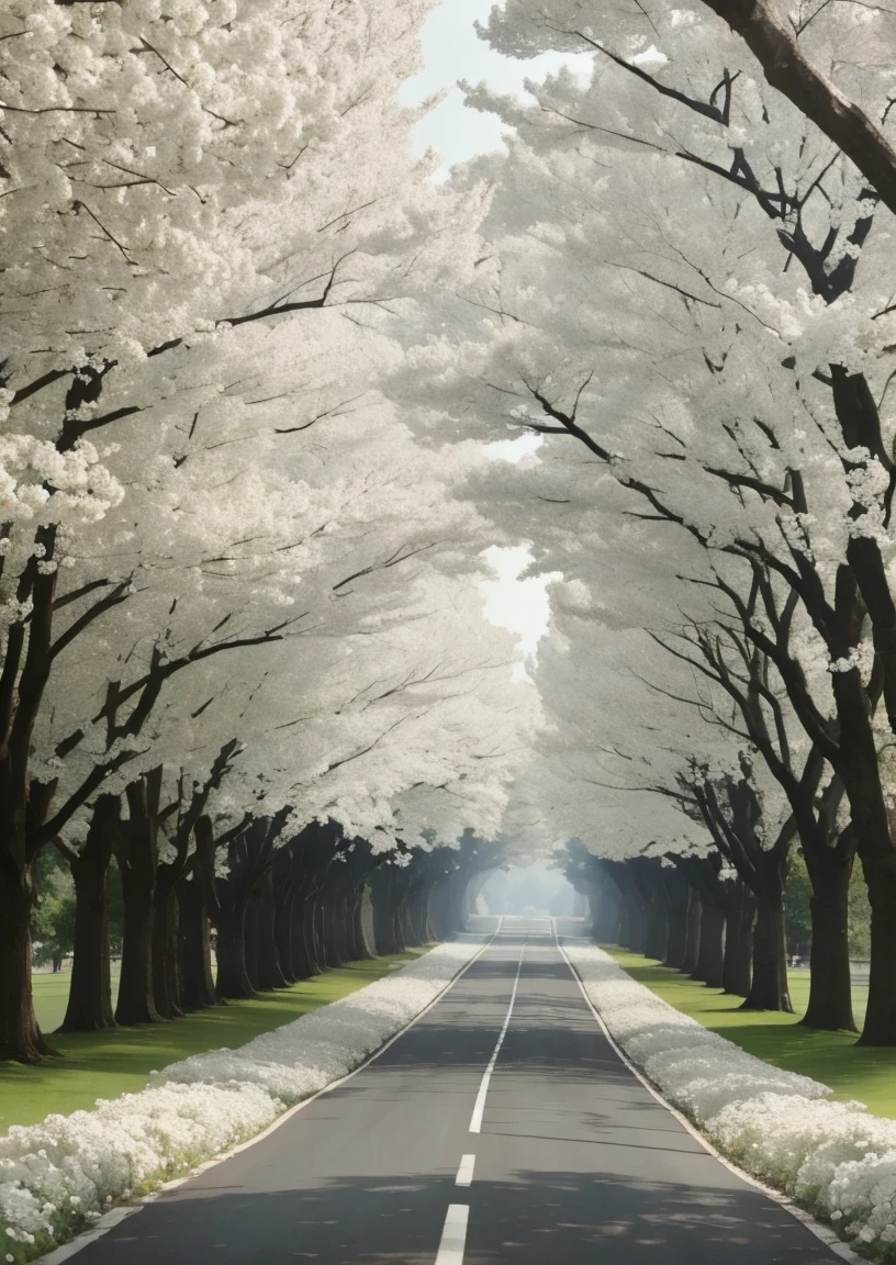 There are many white flowers growing on the trees on both sides of the long road in the park, Digital rendering inspired by Matsumura Goharu, Flickr, , breath - taking beautiful trees, breath-taking beautiful trees, Mandelbulb flower and tree, Detail of trees in bloom, extremely beautiful and ethereal, Surreal Waizi Flowers, White Flowers, beautiful trees, beautiful!!!!!!!!!!!!