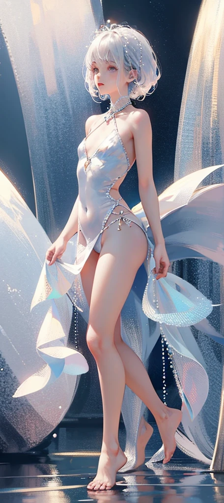 A girl、symmetry,Daughter,whole body 女恋,Put your hands together and bloom,(Very detailed:1.1),((small :1.2))、The eyes are well drawn、Charming eyes、Double tail、Wear jewelry and pearls around your neck,Transparent openwork、Deep V、Crystal Pearls、在Wear jewelry and pearls around your neck,white hair, show your thighs, Bare shoulders, Show clavicle, Yao Liu, barefoot,((whole body))、painful posture