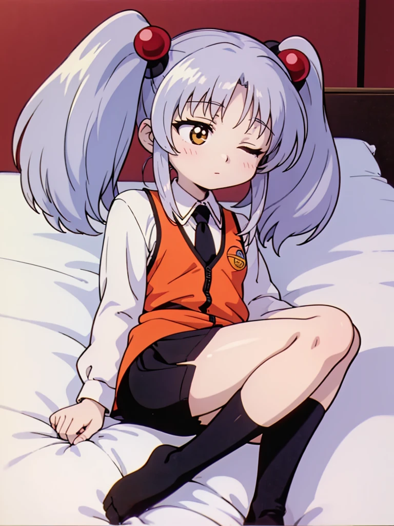 NFSW, (Masterpiece, Top Quality), 1 girl, RH, 1980's Anime Style, hoshino ruri, kidou senkan nadesico,, golden eyes, silver hair, twintails, medium hair, red hair bobbles, long sleeves white shirt, wing collar, black tie, orange vest, emblem, black socks, lying on bed, from above, high definition, sleeping, Small breasts, From before, Without skirt, No panties, The genitals are visible, High definition, Expressionless, Eyes closed, whole body