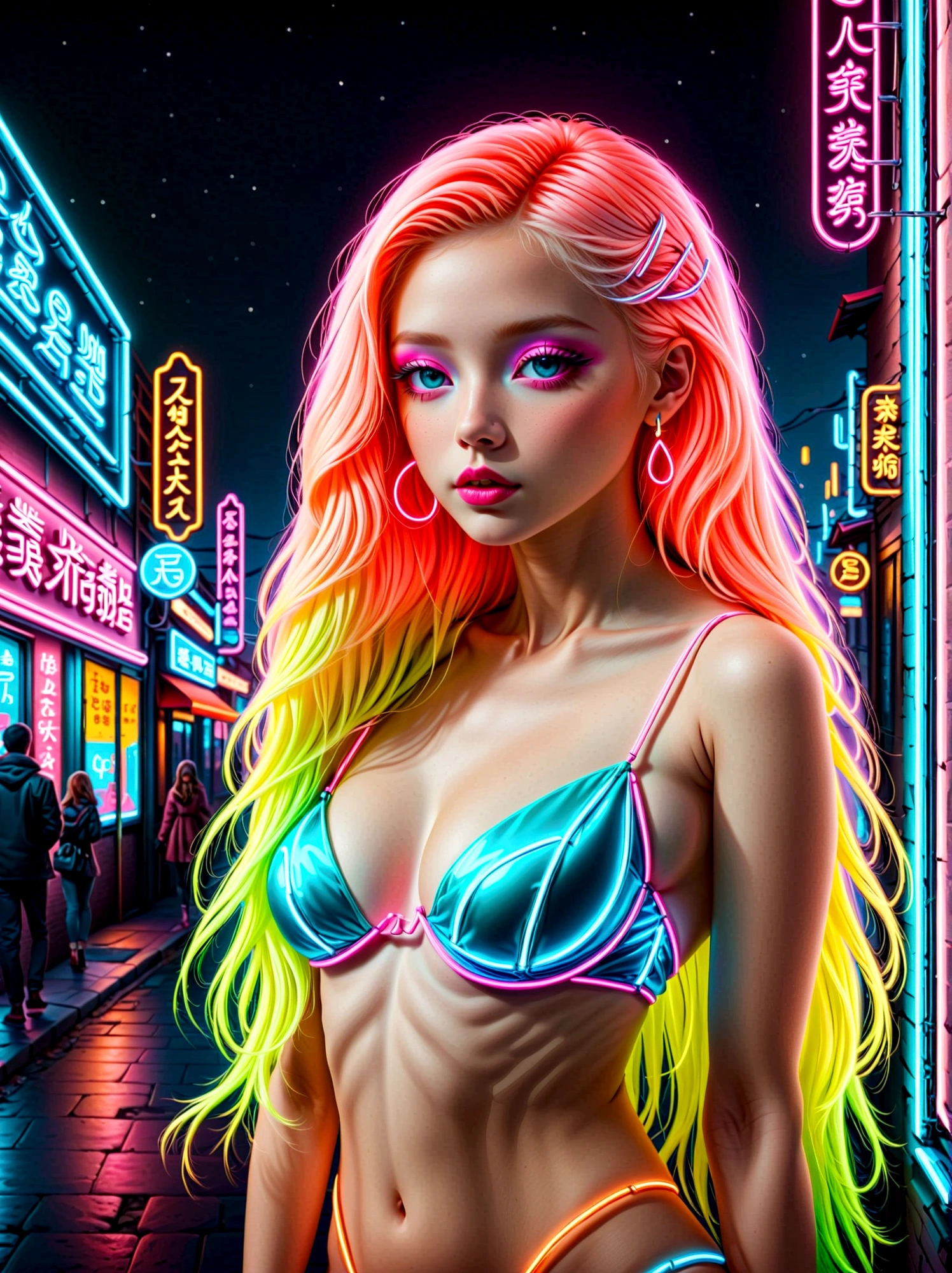 Neon, (发光的Neon玻璃制成的招牌),透明Neon材质,Gloss,Refraction Details,Albino girl,Neon线长须水母在头上,Long hair doll,(发光Neon线制成的长裙:1.5),Renaissance,Baroque,Psychedelic,romantic,neon palette, pale color, 1nhdg1
