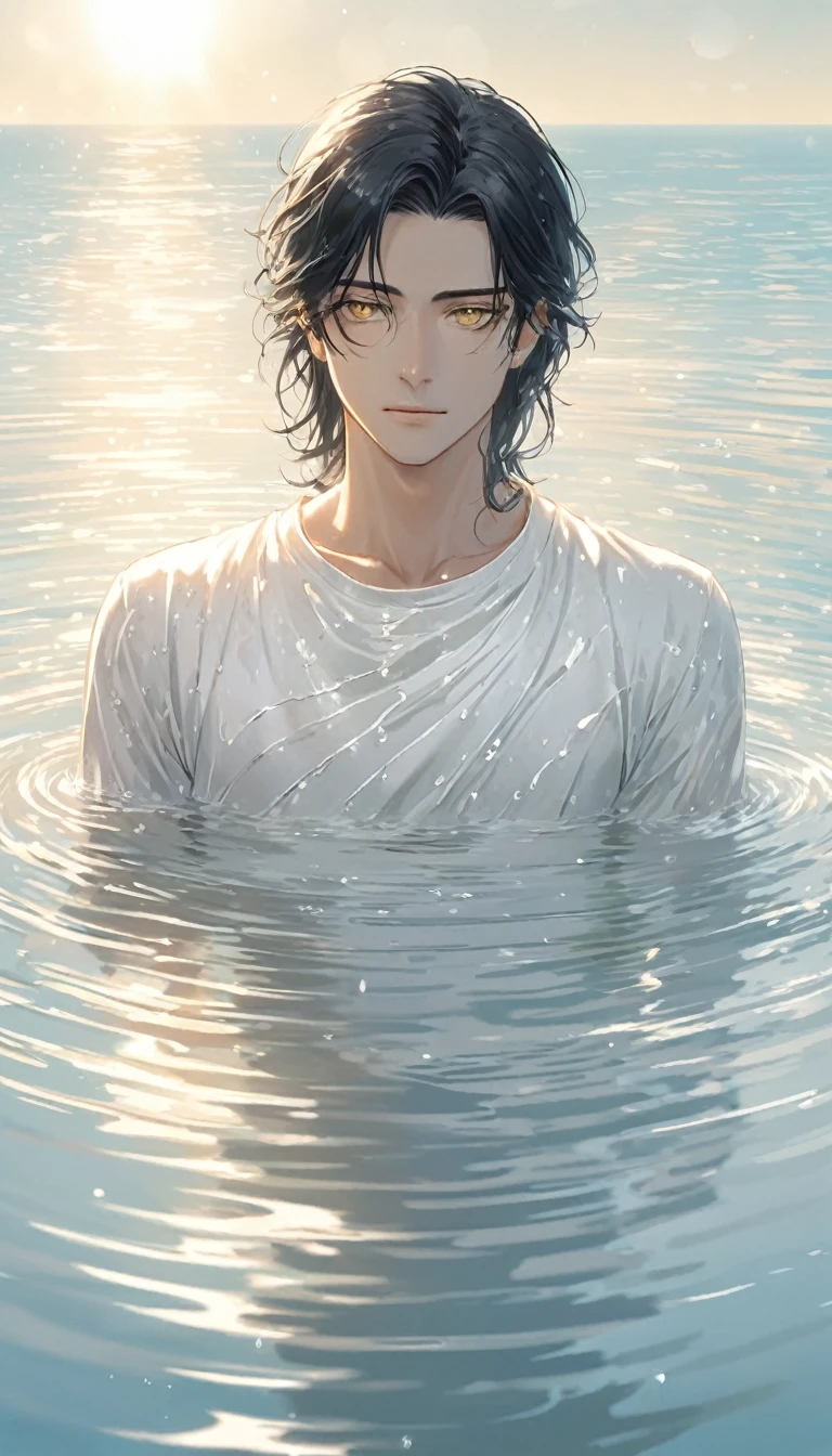 Anime-style male character in water, (long black hair:1.2), (gentle expression:1.1), gold eyes, white outfit noble, (rippling water effect around body:1.3), sunlight reflecting on water, clear sky, subtle water splashes, high-resolution digital art, soft color palette, tranquil atmosphere, (serene ocean background:1.1), realistic water texture
