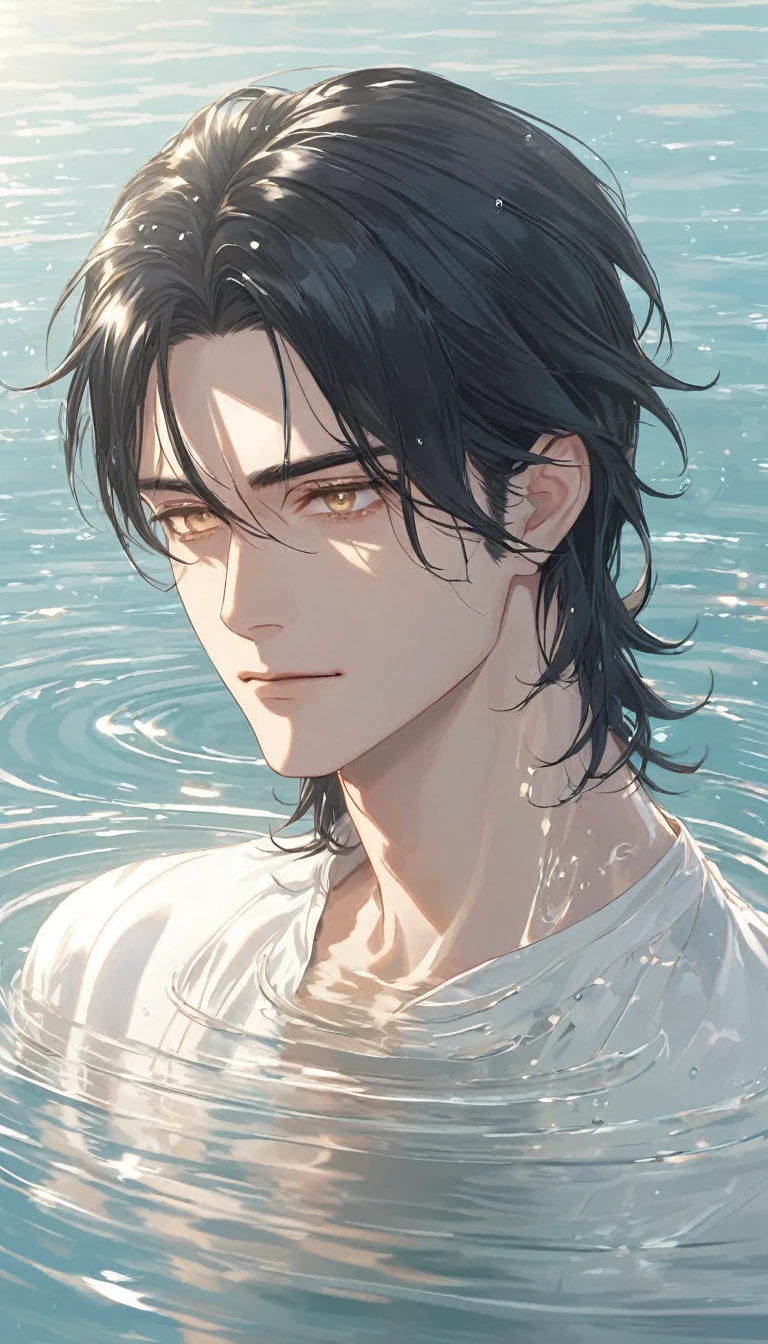 Anime-style male character in water, (long black hair:1.2), (gentle expression:1.1), gold eyes, white outfit noble, (rippling water effect around body:1.3), sunlight reflecting on water, clear sky, subtle water splashes, high-resolution digital art, soft color palette, tranquil atmosphere, (serene ocean background:1.1), realistic water texture