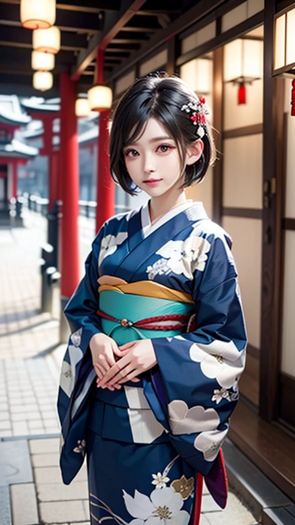 ((japanese kimono))、Snowy Japanese shrine background、(cowboy shot:1.3)、(UHigh resolution, retina, masterpiece, Accurate, Anatomically correct, Textured skin, Super detailed, Attention to detail, high quality, 最high quality, High resolution, 1080p, High resolution, 4K, 8k, 16K), (Beautiful fine details, Beautiful lip detail, Highly detailed eyes and face), Soft lighting, Physically Based Rendering, Vibrant colors, (Shiny Hair, Shiny skin), (Bokeh), Eye Reflexes,(short hair:1.4)

