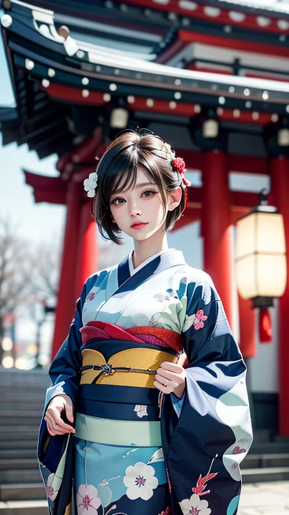 ((japanese kimono))、Snowy Japanese shrine background、(cowboy shot:1.3)、(UHigh resolution, retina, masterpiece, Accurate, Anatomically correct, Textured skin, Super detailed, Attention to detail, high quality, 最high quality, High resolution, 1080p, High resolution, 4K, 8k, 16K), (Beautiful fine details, Beautiful lip detail, Highly detailed eyes and face), Soft lighting, Physically Based Rendering, Vibrant colors, (Shiny Hair, Shiny skin), (Bokeh), Eye Reflexes,(short hair:1.4)
